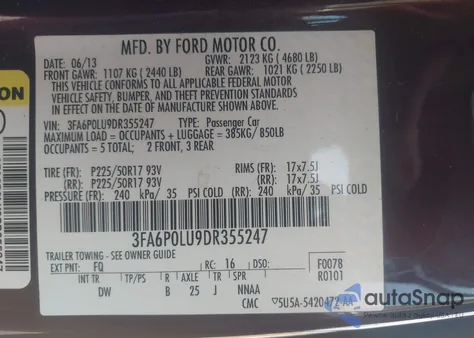 2013 Ford Fusion Hybrid Se z USA, uszkodzony, nr VIN 3FA6P0LU9DR355247